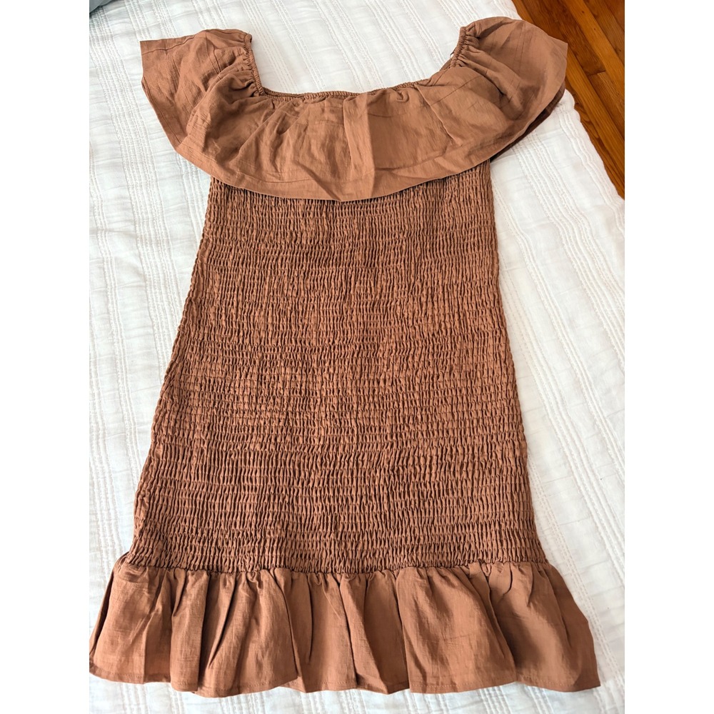 Anthropologie Smocked Ruffle Mini Dress Chocolate Brown Off Shoulder NWT Large